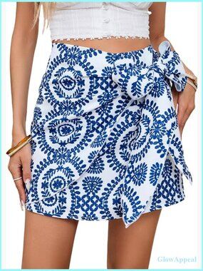 Women's Boho Wrap Skirt High Waisted Knot Side Mini Beach Vacation Skirt
